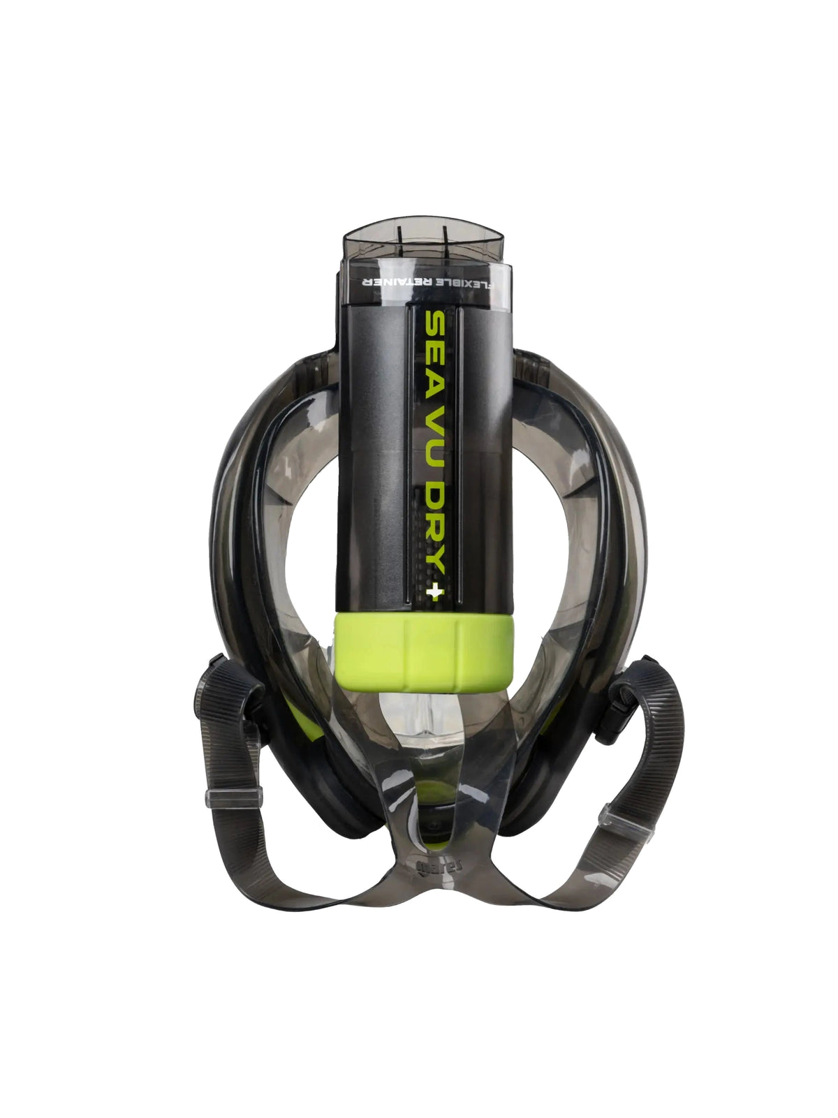 Mares Sea Vu Dry+ full face snorkelling mask in black and lime, rear view with the snorkel tube