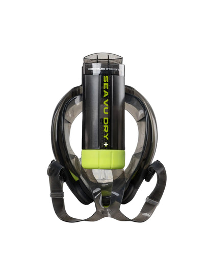 Mares Sea Vu Dry+ full face snorkelling mask in black and lime, rear view with the snorkel tube