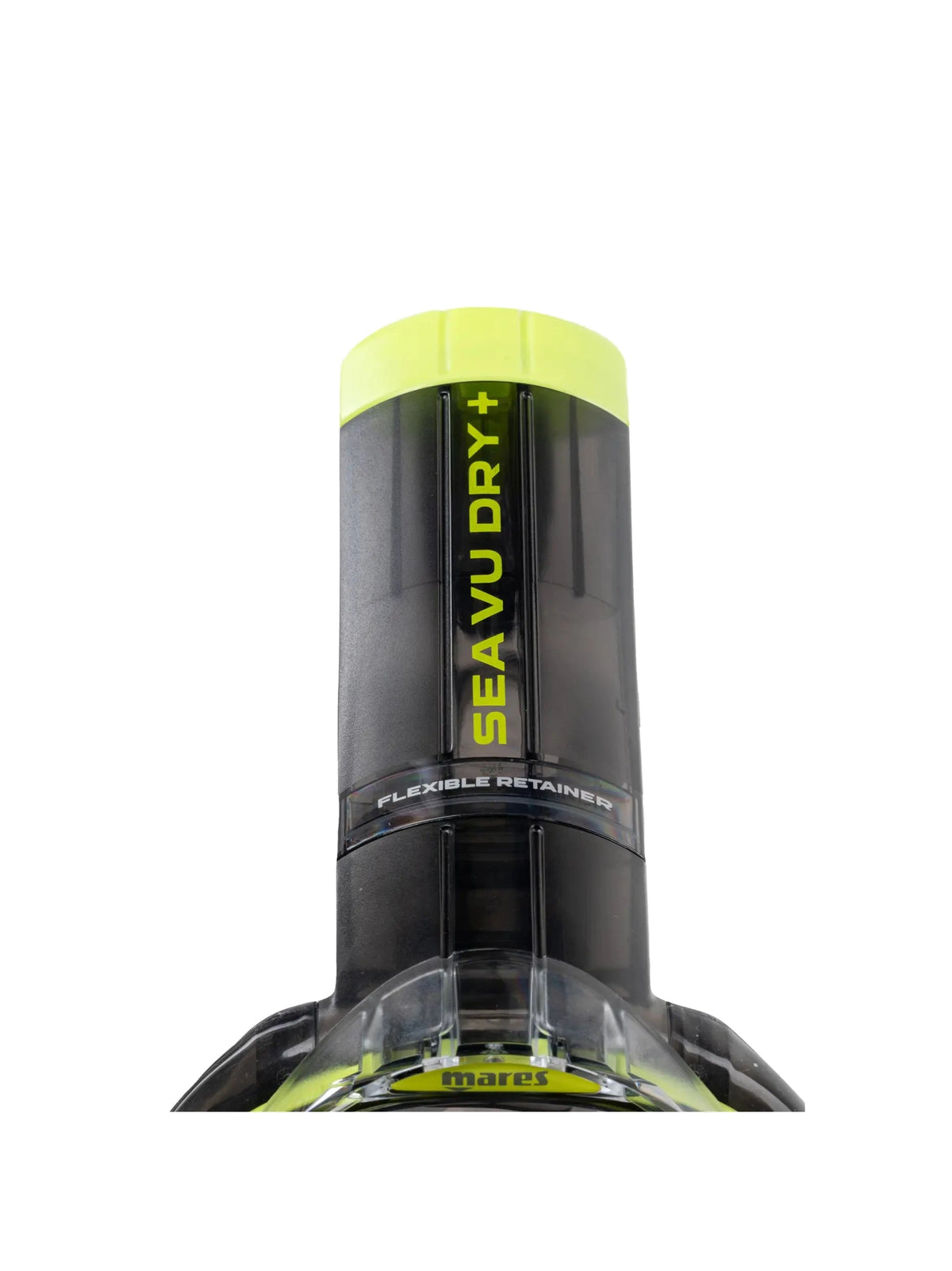 Mares Sea Vu Dry+ full face snorkelling mask in black and lime, close-up of the dry top