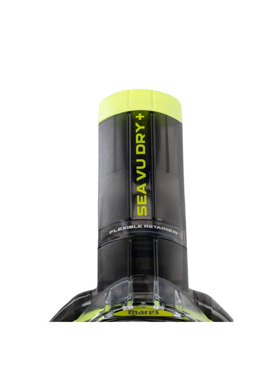 Mares Sea Vu Dry+ full face snorkelling mask in black and lime, close-up of the dry top