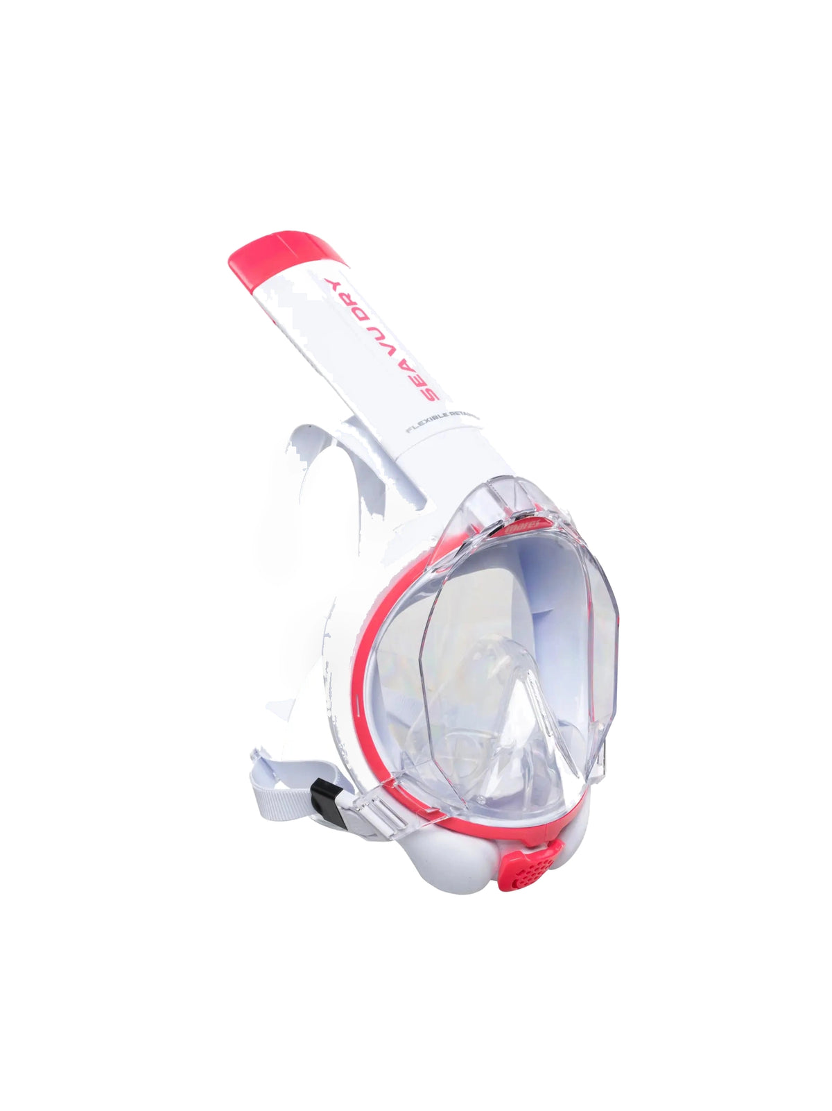 Mares Sea Vu Dry+ full face snorkelling mask in pink and white, three-quarter front view