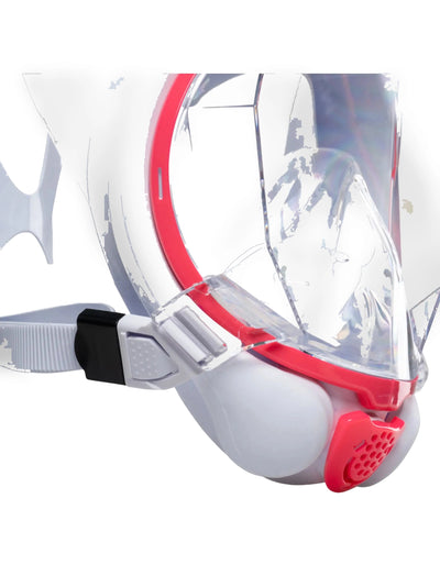 Mares Sea Vu Dry+ full face snorkelling mask in pink and white, side close-up of the frame