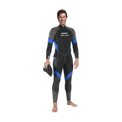 Mares Seal Skin 6mm men's cold water wetsuit in black, grey and blue, front view with hood in hand