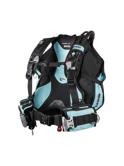 Mares Magellan HD She Dives women's BCD in black with aqua panels, front three-quarter view