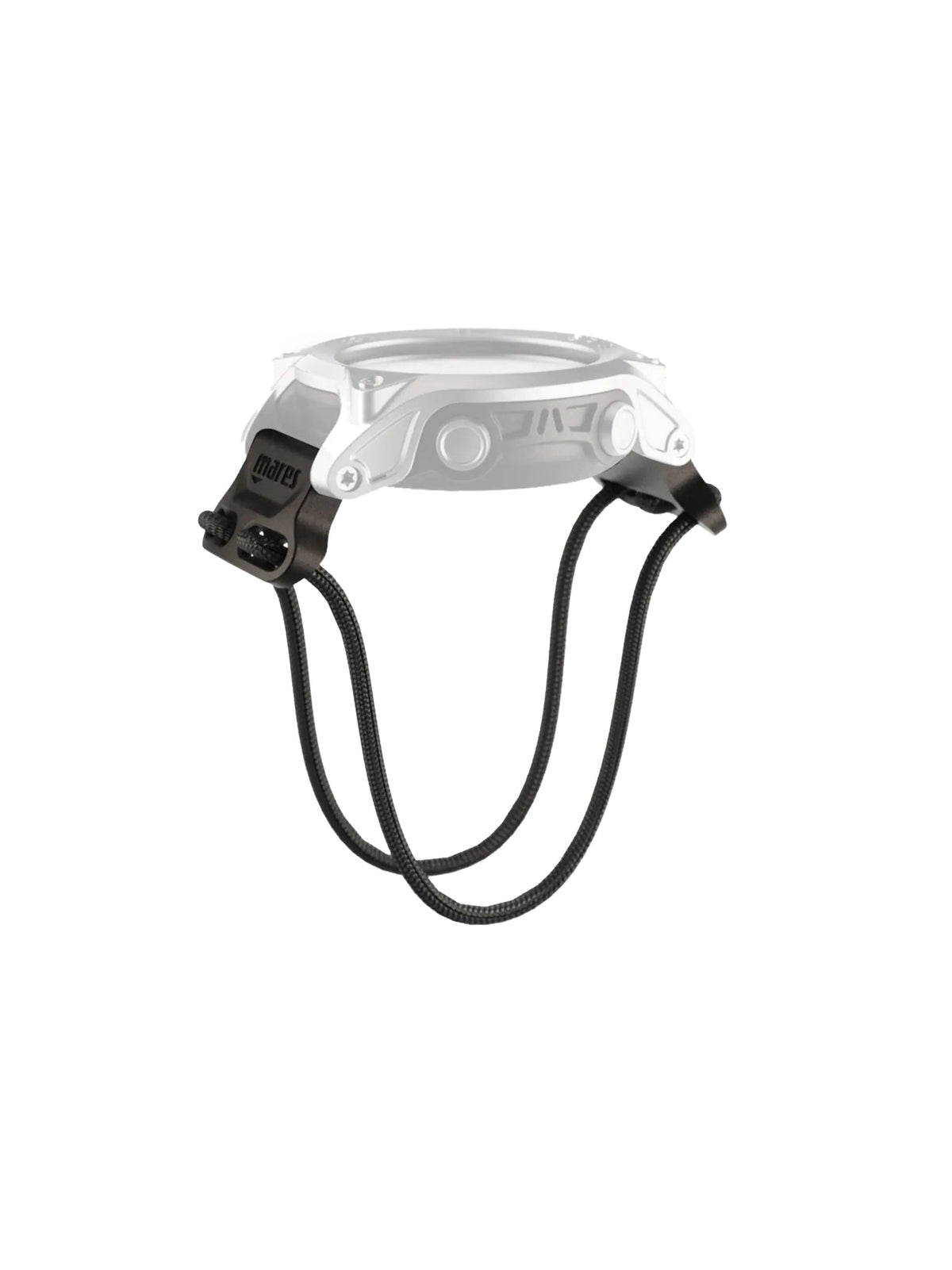 Mares Sirius bungee mount in black with bungee loops, shown on a Sirius outline