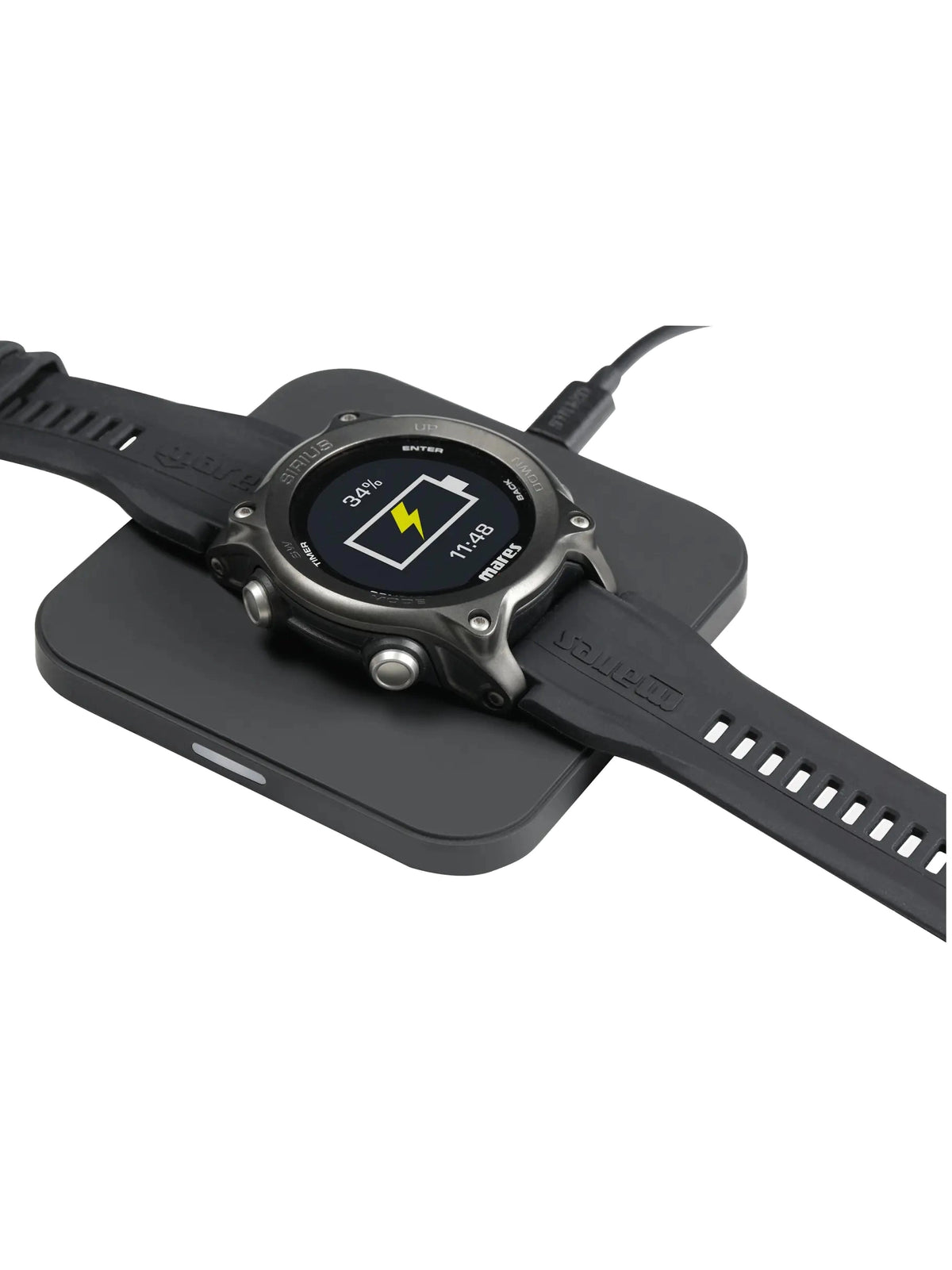 Mares Sirius sitting on its wireless charging base