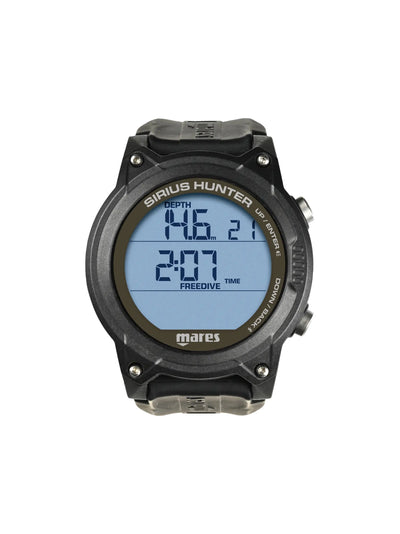 Mares Sirius Hunter freediving computer from the front showing the freedive screen