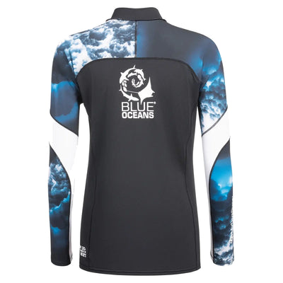 Mares SSI loose fit women's rash guard, back with Blue Oceans logo