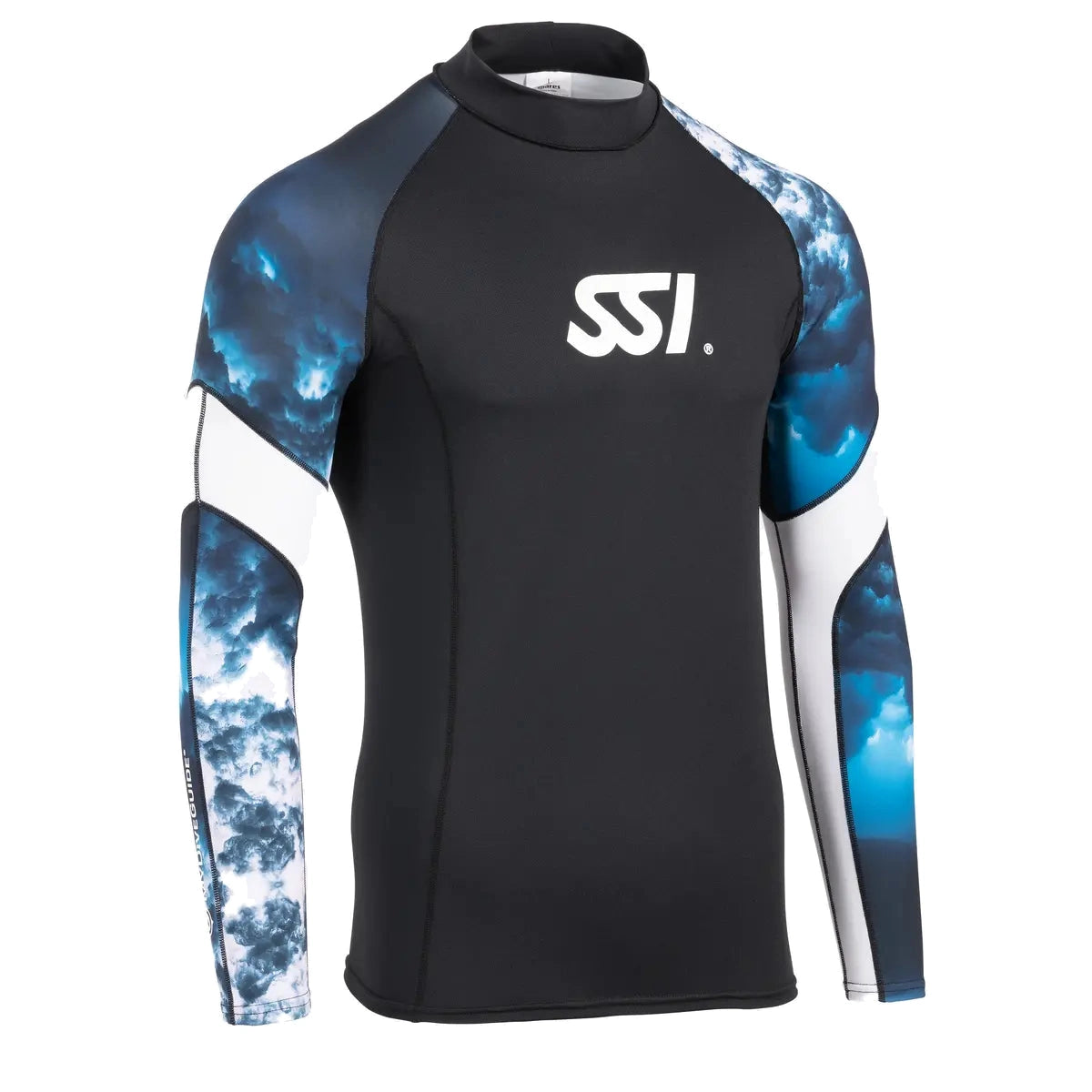 Mares SSI loose fit long sleeve men's rash guard, front with SSI logo and ocean print sleeves