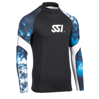 Mares SSI loose fit long sleeve men's rash guard, front with SSI logo and ocean print sleeves