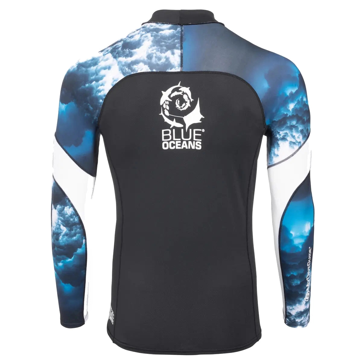 Mares SSI loose fit long sleeve men's rash guard, front with SSI logo and ocean print sleeves