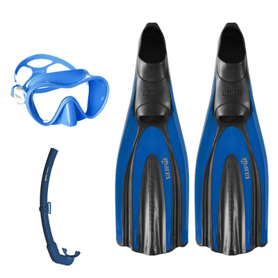 Mares Tropical mask in blue, Element Floating snorkel in blue and Avanti Superchannel full foot fins in blue