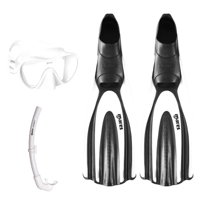 Mares Tropical mask in white, Element Floating snorkel in white and Avanti Superchannel full foot fins in white