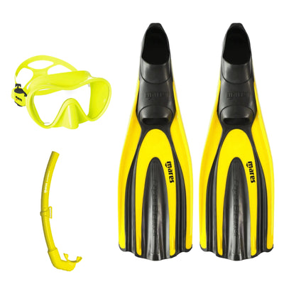 Mares Tropical mask in yellow, Element Floating snorkel in yellow and Avanti Superchannel full foot fins in yellow