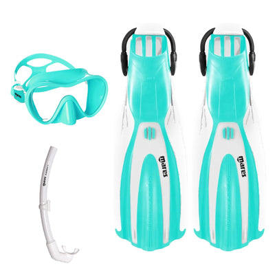 Mares Tropical mask in aqua, Element Floating snorkel in white and Avanti Superchannel open heel fins in white and aqua