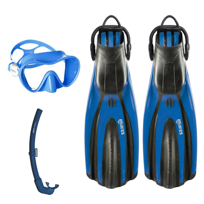Mares Tropical mask in blue, Element Floating snorkel in blue and Avanti Superchannel open heel fins in blue