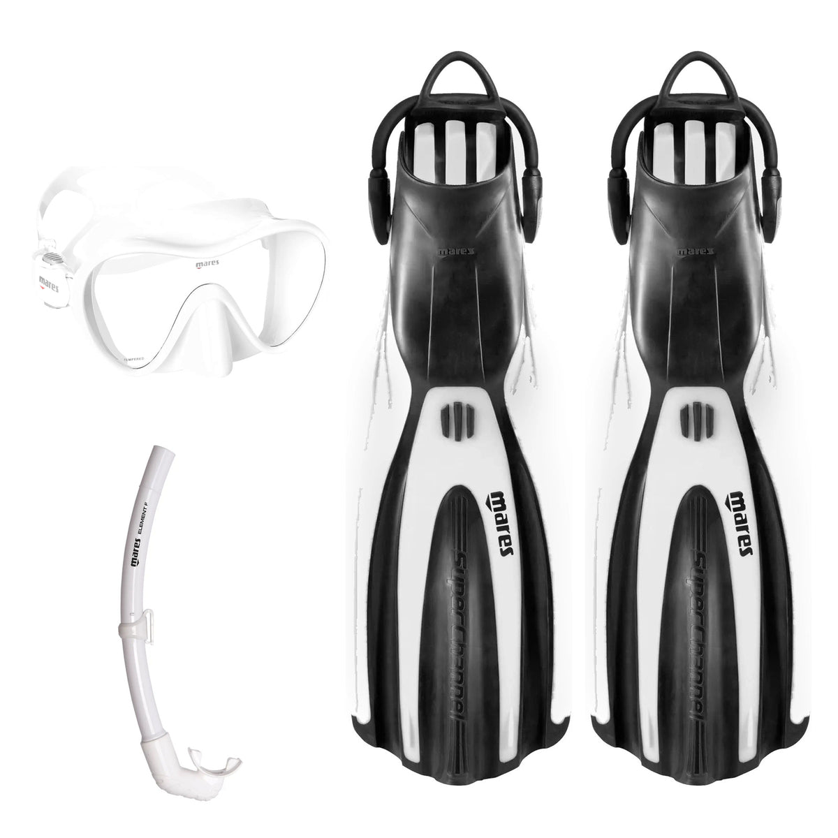 Mares Tropical mask in white, Element Floating snorkel in white and Avanti Superchannel open heel fins in white