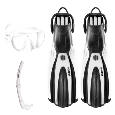 Mares Tropical mask in white, Element Floating snorkel in white and Avanti Superchannel open heel fins in white