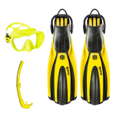 Mares Tropical mask in yellow, Element Floating snorkel in yellow and Avanti Superchannel open heel fins in yellow