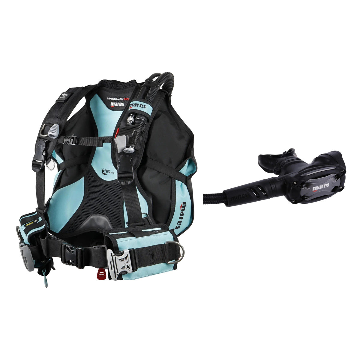 Mares Magellan HD She Dives women's BCD in black with aqua panels and SXS 62X regulator in black