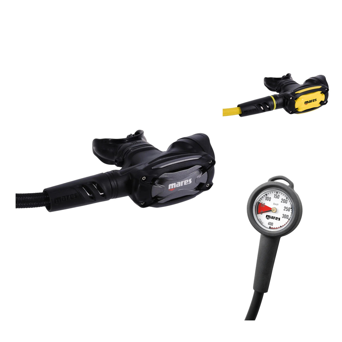 Mares SXS 62X regulator in black, SXS octopus in black and yellow, and MR-1 pressure gauge in a black console
