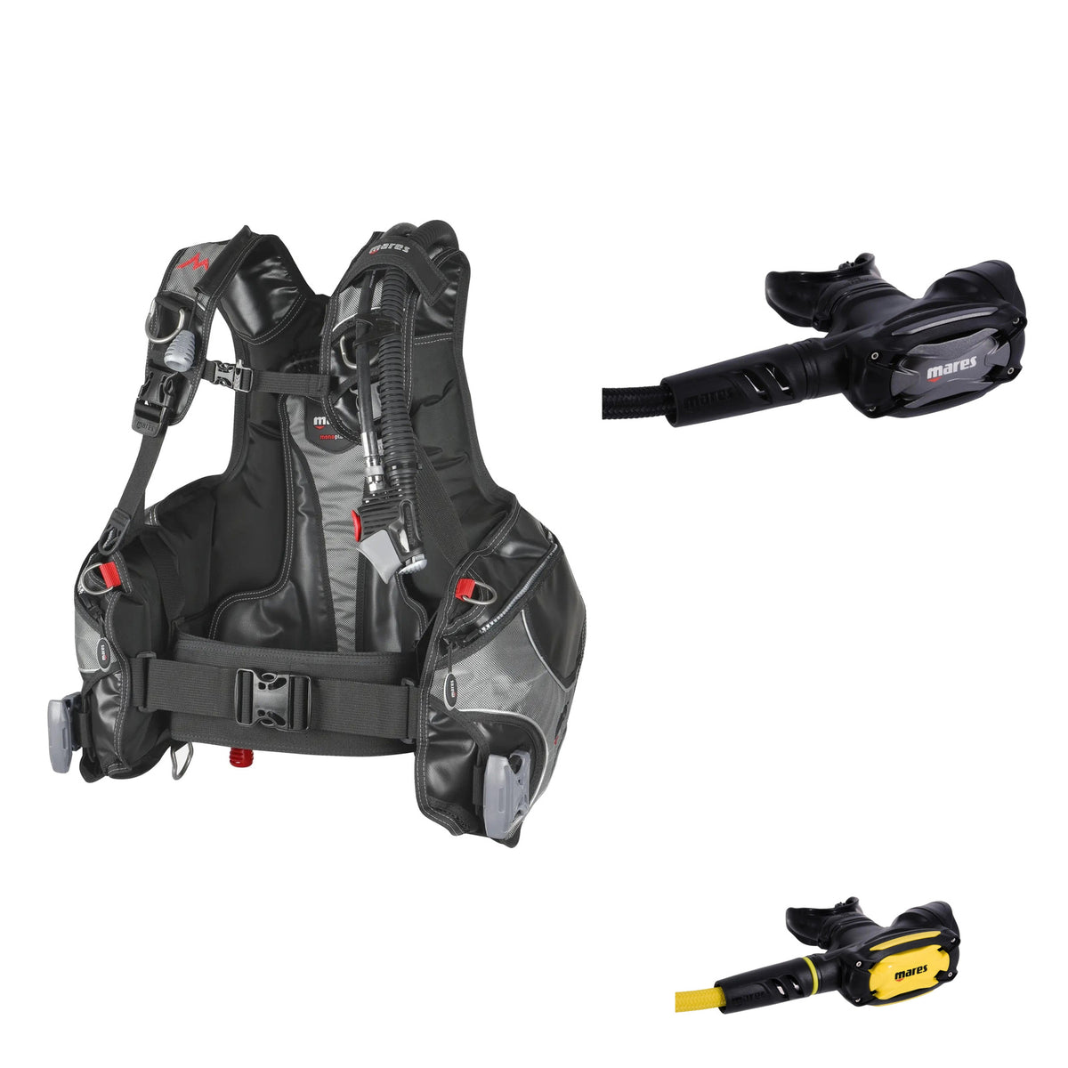 Mares Rock Pro BCD in black and grey, SXS 62X regulator in black and SXS octopus in black and yellow