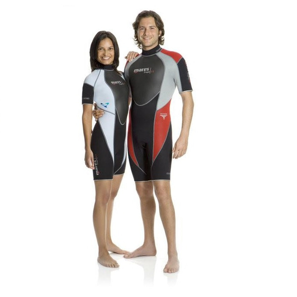Mares Tropic 2.5mm shorty wetsuits, men's in black, light grey and red on the right, women's in black and light grey on the left