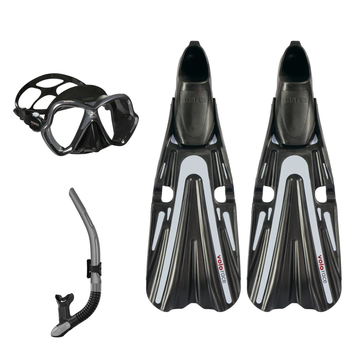 Mares X-Vision mask in blue and clear, Ergo Flex snorkel in blue and Volo Race fins in blue
