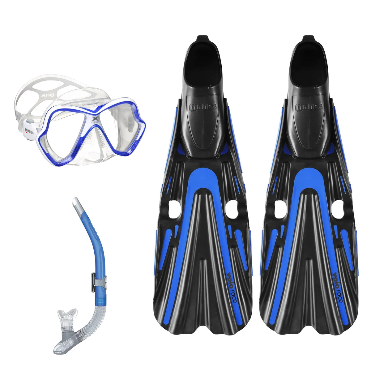 Mares X-Vision mask in blue and clear, Ergo Flex snorkel in blue and Volo Race fins in blue