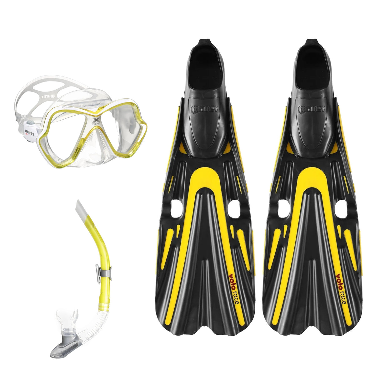 Mares X-Vision mask in blue and clear, Ergo Flex snorkel in blue and Volo Race fins in blue