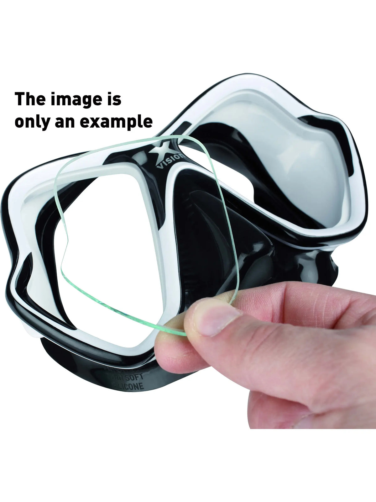 Illustration of a Mares corrective lens being fitted into a twin-lens Mares mask frame