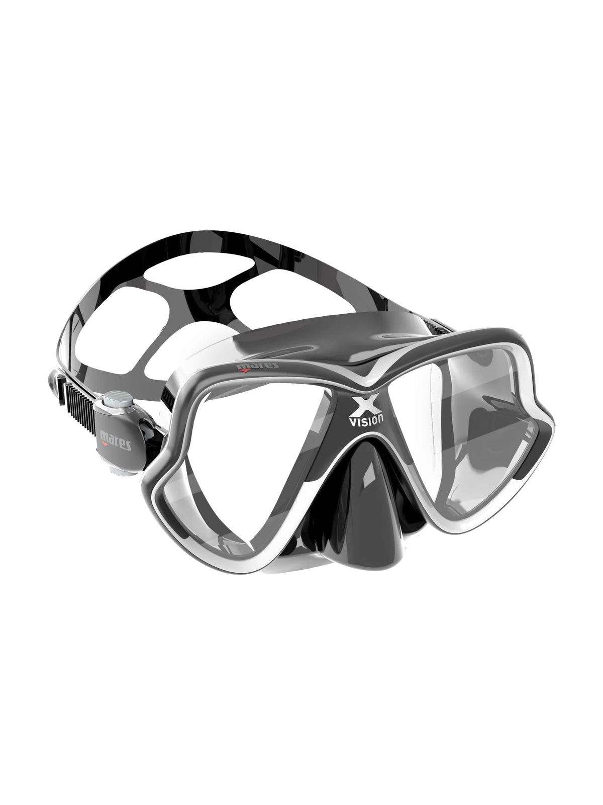 Mares X-Vision Mid 2.0 dive mask in aqua and clear, three-quarter front view