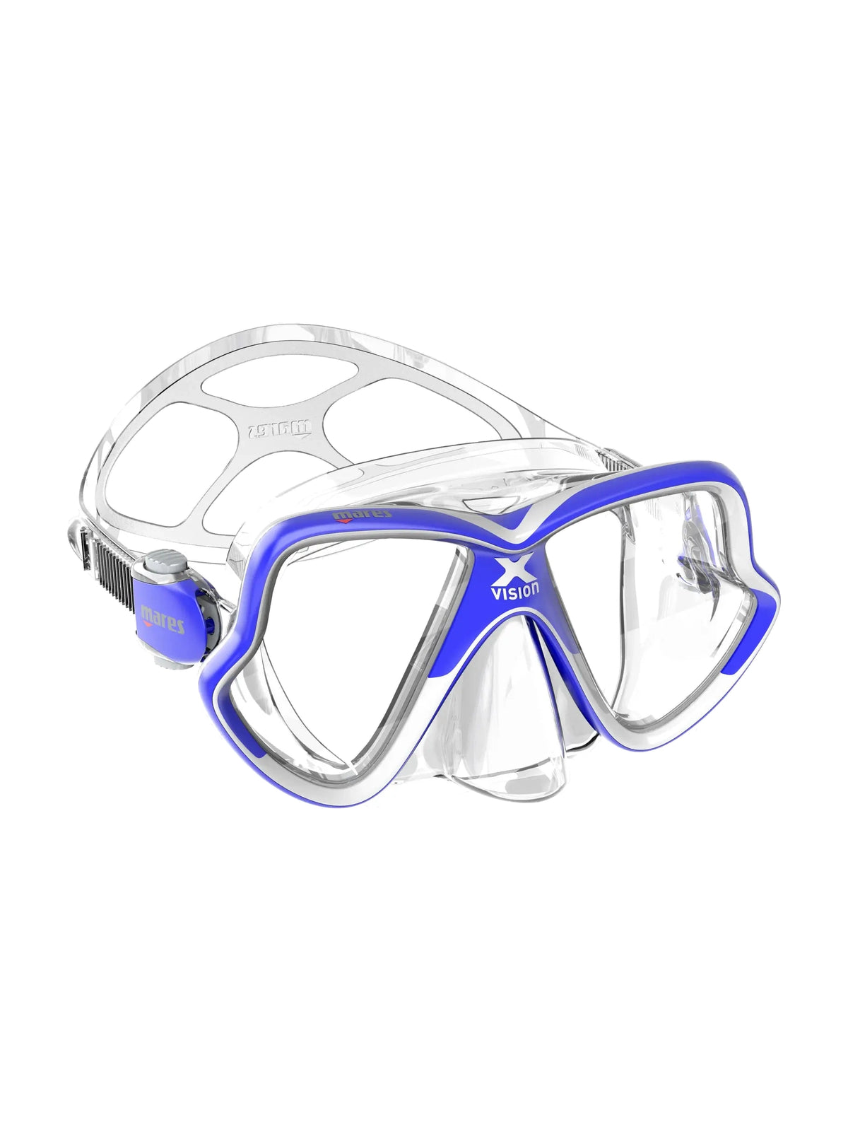 Mares X-Vision Mid 2.0 dive mask in aqua and clear, three-quarter front view