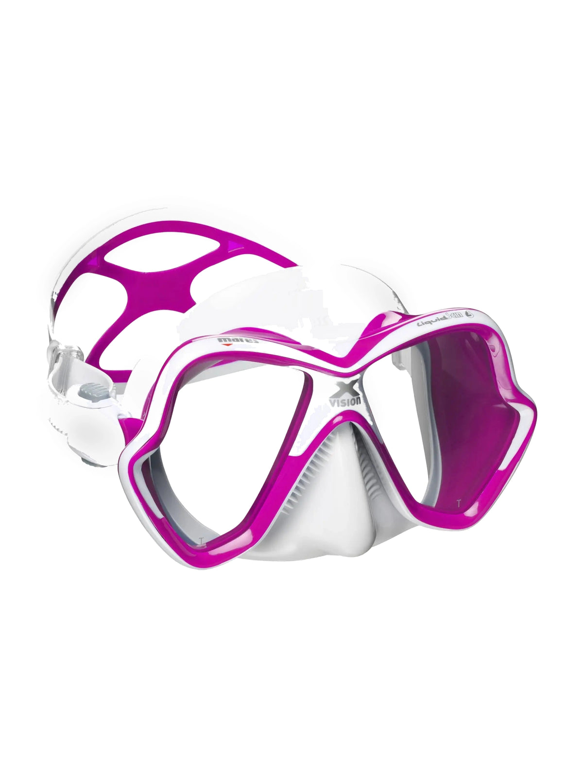 Mares X-Vision Ultra Liquidskin dive mask in pink and white, three-quarter front view