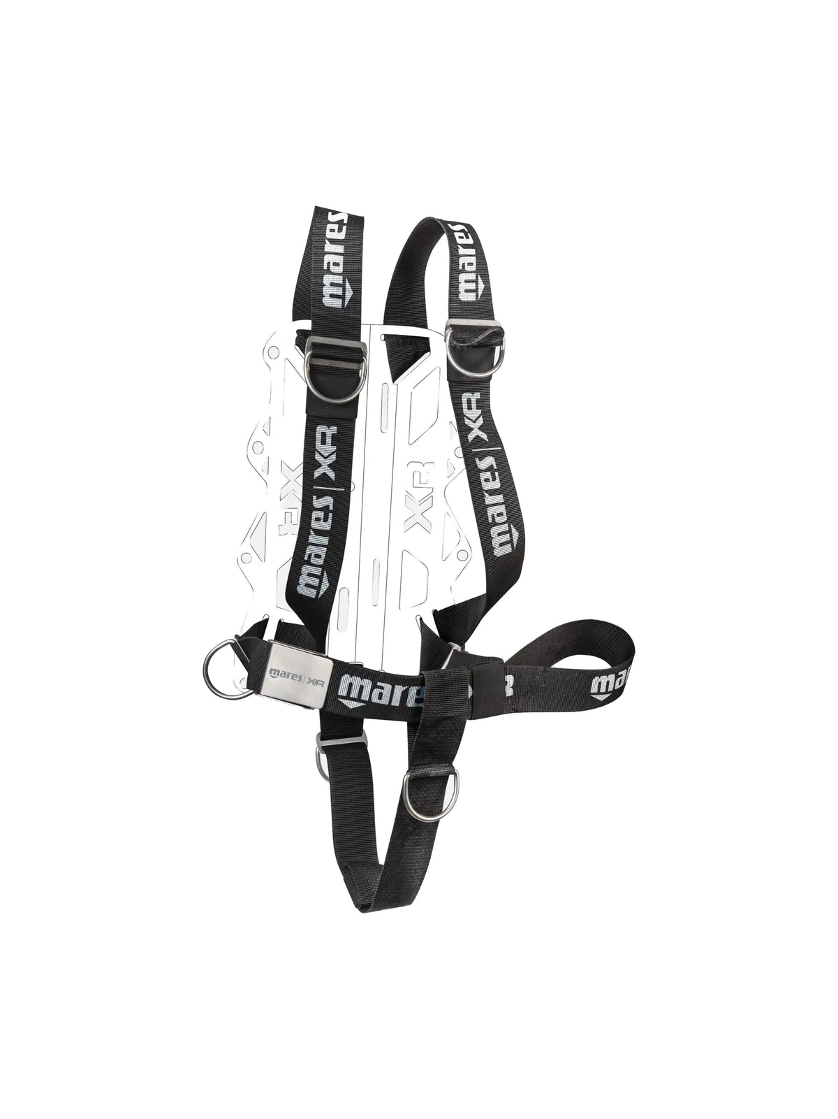 Mares XR Heavy Duty harness with stainless steel D-rings, shown on a backplate that is sold separately