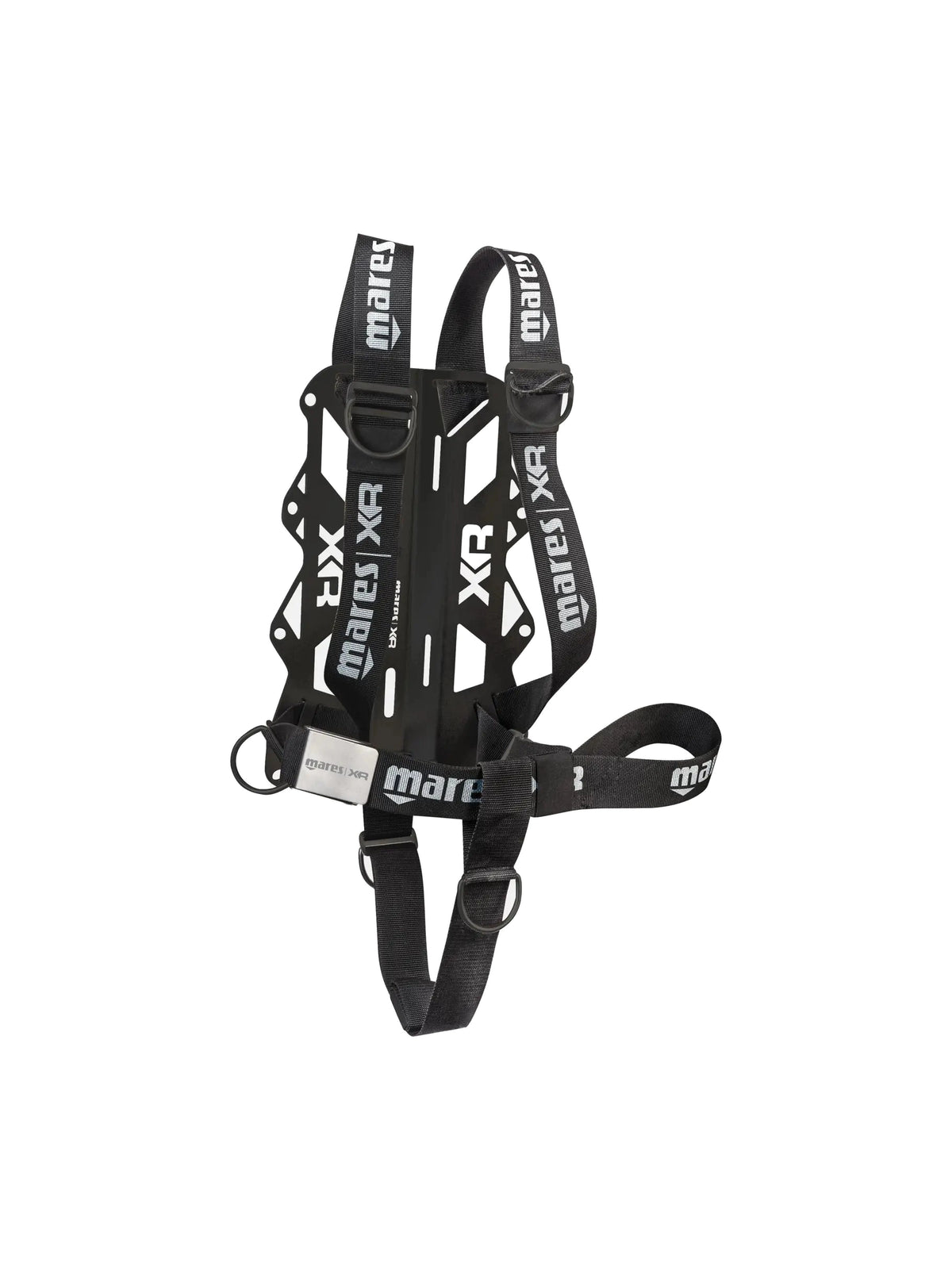 Mares XR Heavy Light mounted system: black webbing harness with D-rings on a black aluminium backplate