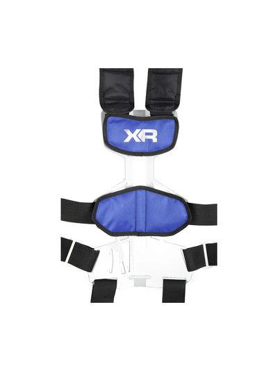 Blue shoulder and lower back padding of the Mares XR-Rec Trim on the backplate