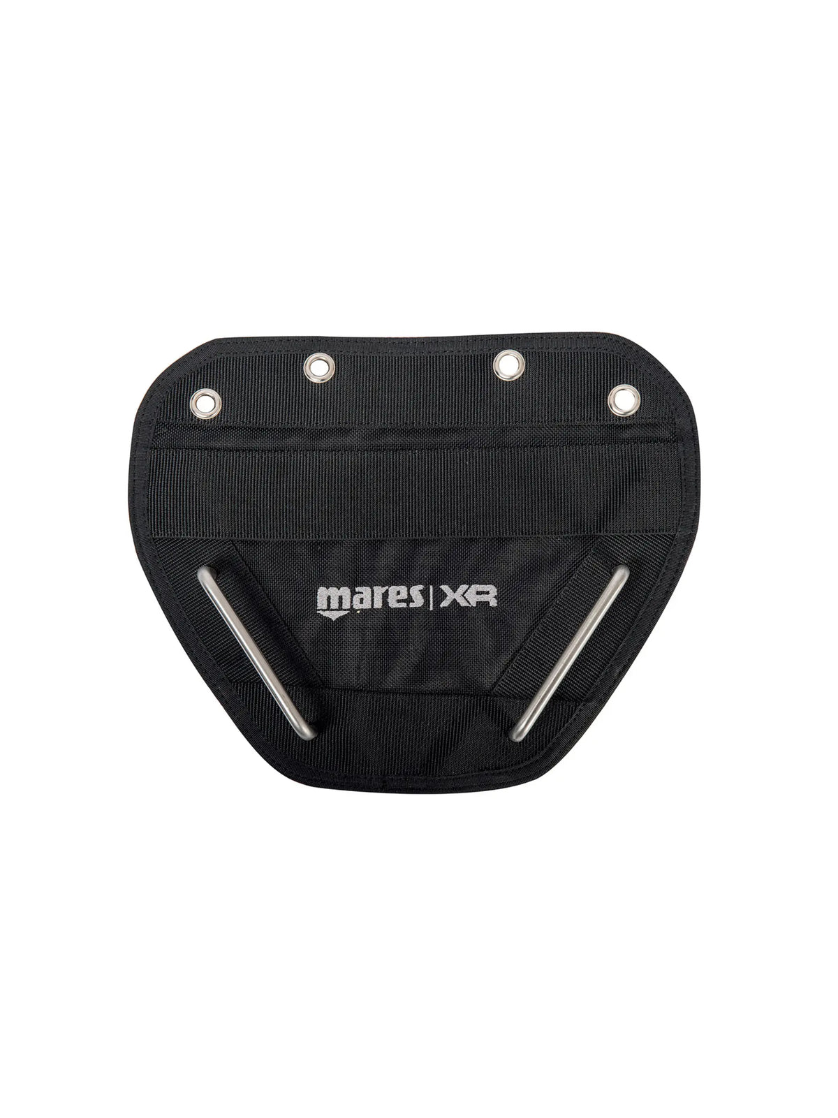 Mares XR sidemount butt plate: black padded panel with mounting holes and two stainless steel handles