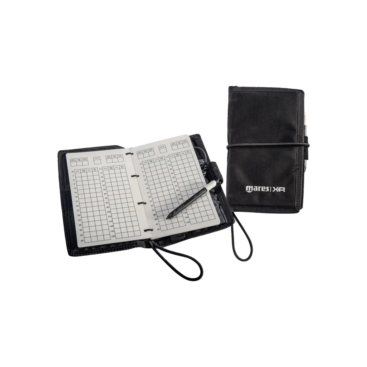 Mares XR Wetnotes underwater notebook open with pencil, beside its ballistic nylon cover