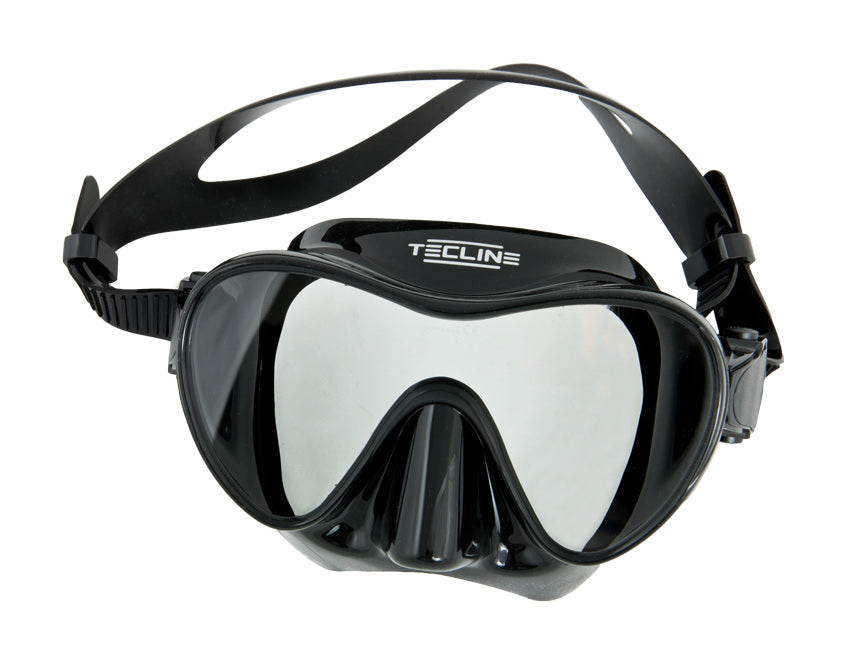 Tecline Frameless II single-window mask in black with split silicone strap