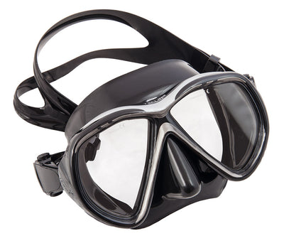 Scubatech Tiara II Asia Fit mask with black silicone skirt and black and silver frame