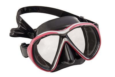 Scubatech Tiara II Asia Fit mask in black silicone with the metallic ruby red frame