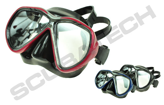 Scubatech Tiara II mask with brightening yellow glass in the black and silver frame, front view