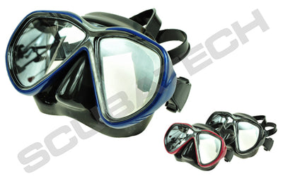 Scubatech Tiara II mask with black silicone and blue frame, with the other frame colours shown small