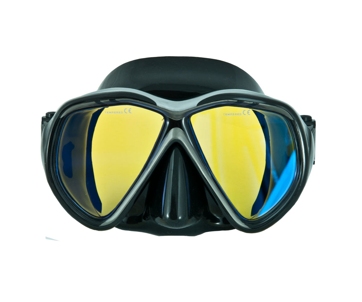 Scubatech Tiara II mask with brightening yellow glass in the black and silver frame, front view