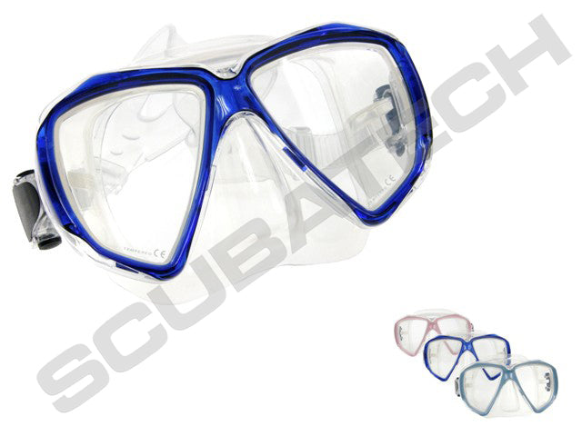 Scubatech Viper mask with clear silicone skirt and blue frame, with the other colours shown small