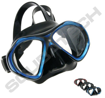 Scubatech Viper mask with black silicone skirt and blue frame, with the other frame colours shown small