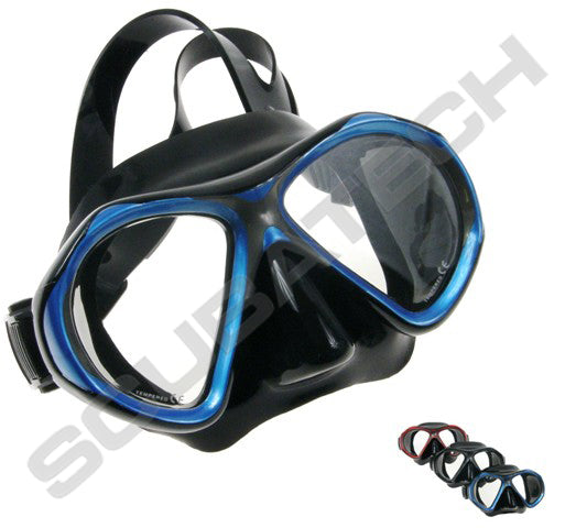 Scubatech Viper mask with black silicone skirt and red frame, with the other frame colours shown small