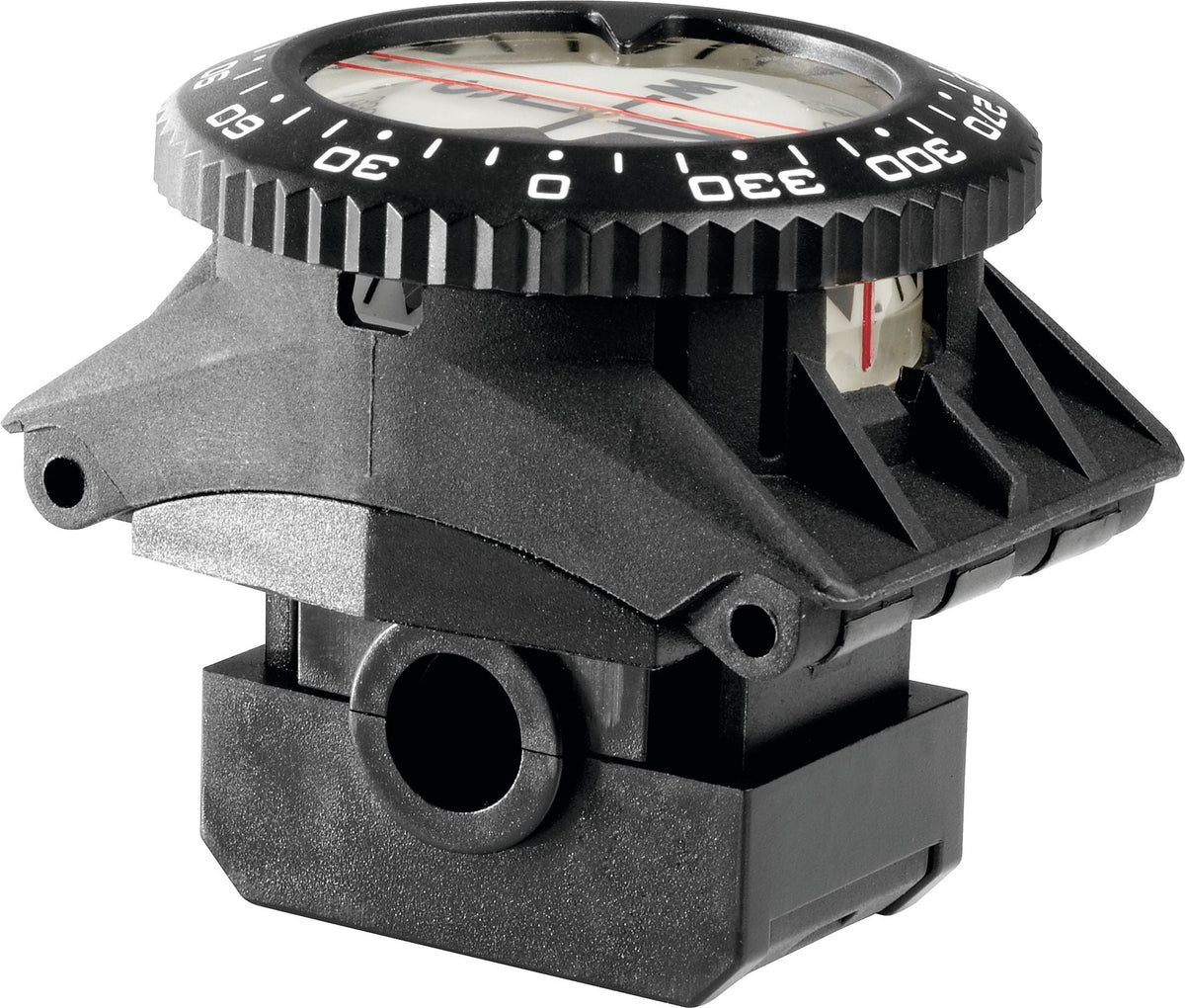 Cressi dive compass mounted on a wrist strap, bezel and lubber line facing up