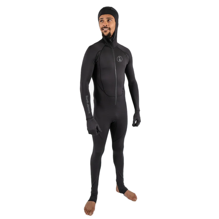 Men's Fourth Element stinger suit in black worn front on with the hood up and integral hand covers